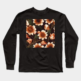 Deep Blue and Rust Autumn Orange Vintage Floral Long Sleeve T-Shirt